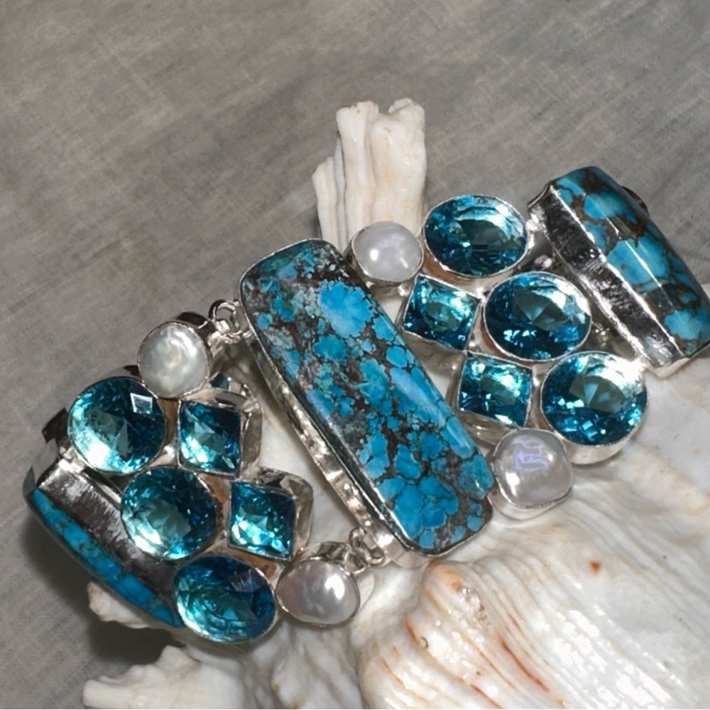 Stunning Kingman Turquoise + Biwa Pearl + Blue Topaz medallions statement cuff